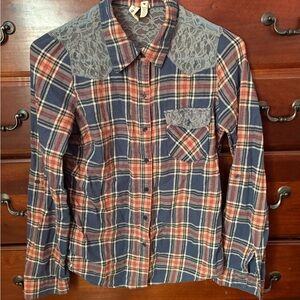 Girl Krazy Blue and Orange Plaid Button Down Shirt